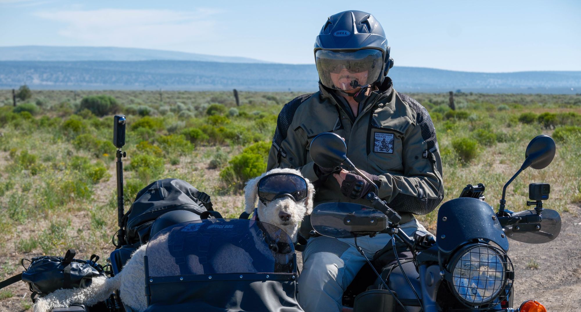 Max on Kalinka, his Ural sidecar motorcycle, with Gnocchi in goggles riding in the sidecar.